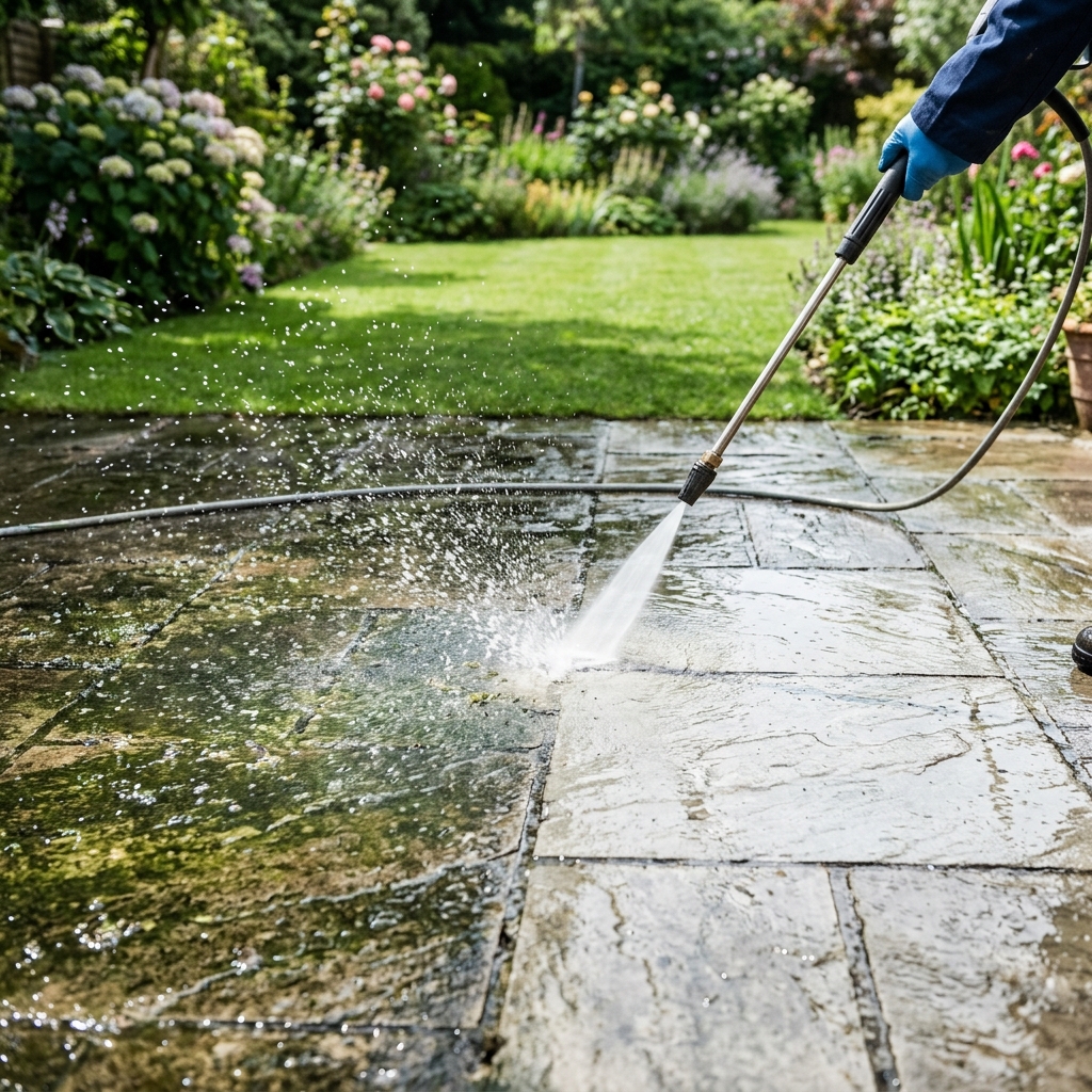Patio jet washing in action - stone paving being cleaned